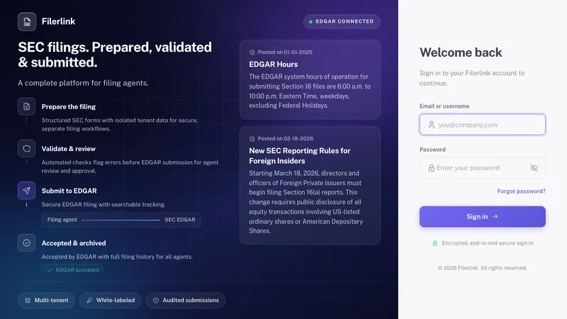Filerlink SEC filing platform showing EDGAR-connected prepare, validate, submit, and archive workflow