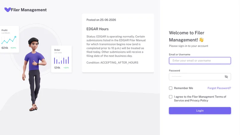 FilerManagement login portal for financial compliance account and access control