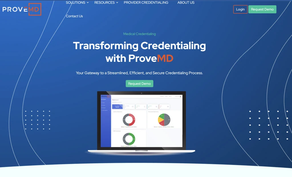 ProveMD homepage — medical credentialing platform with dashboard showing credentialing progress, document review, and CME tracking