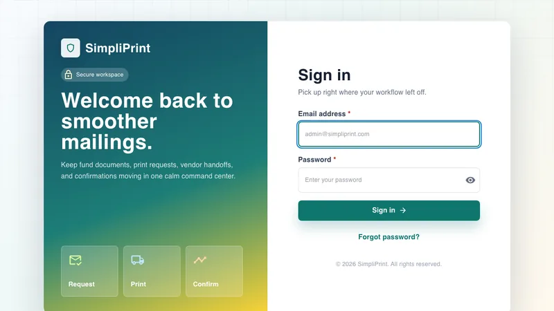 Simpliprint financial print project management platform login screen