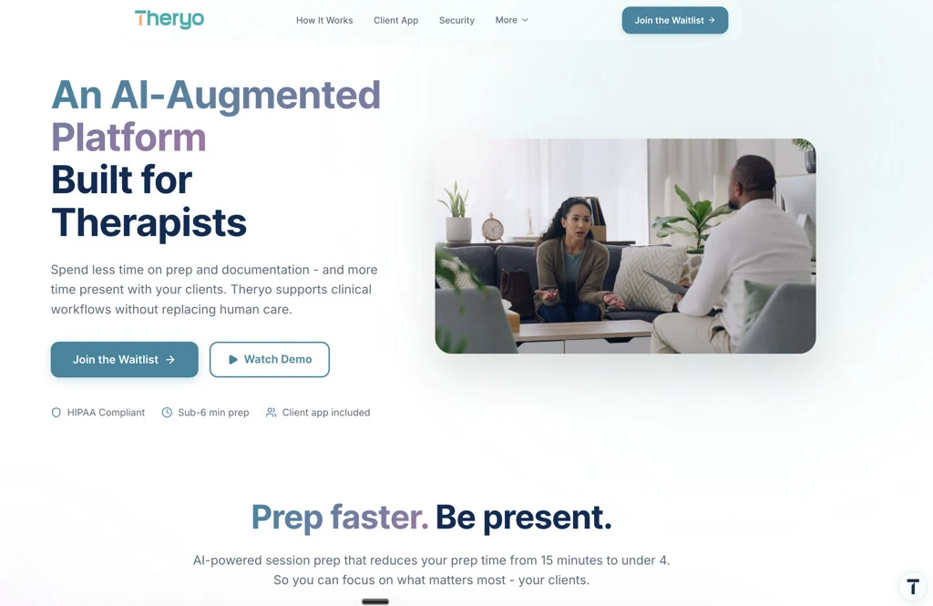 Theryo homepage — AI-augmented platform for therapists with session prep, documentation support, and client app